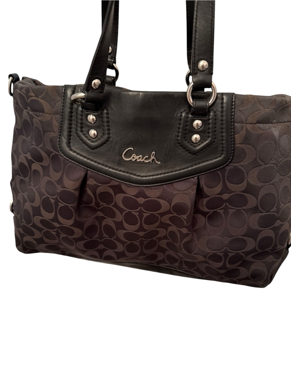 Coach Ashley Signature Sateen Carryall  Tote Bag Dark Brown with Overall Logo.